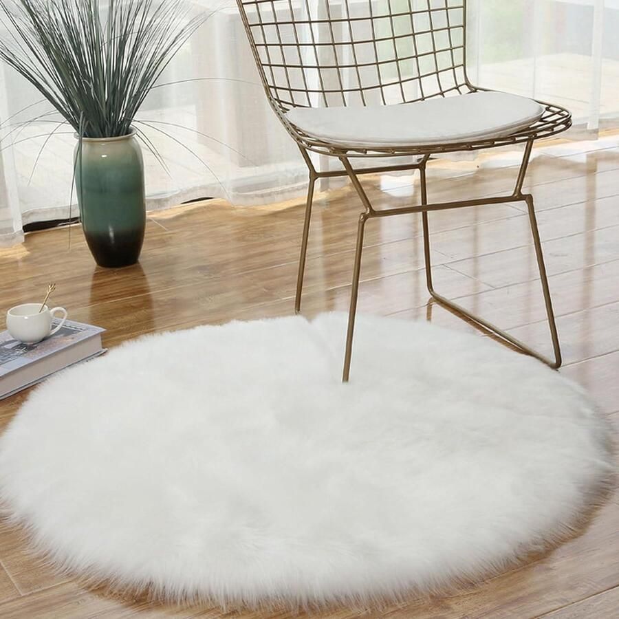 Rond schapenvacht tapijt luxe hoogpolig wit machinewasbaar pluizig dik tapijt vloerkleed 90 x 90 cm vloerkleed