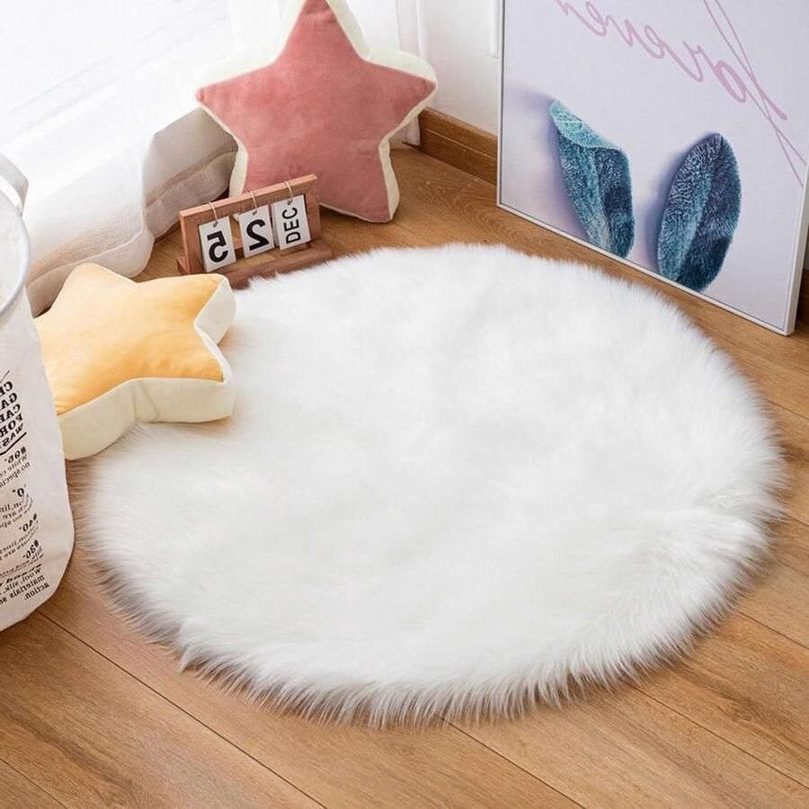 Rond schapenvacht tapijt van imitatiebont Luxe antislip hoogpolig wit vloerkleed 90 x 90 cm Machinewasbaar pluizig dik tapijt voor slaapkamers
