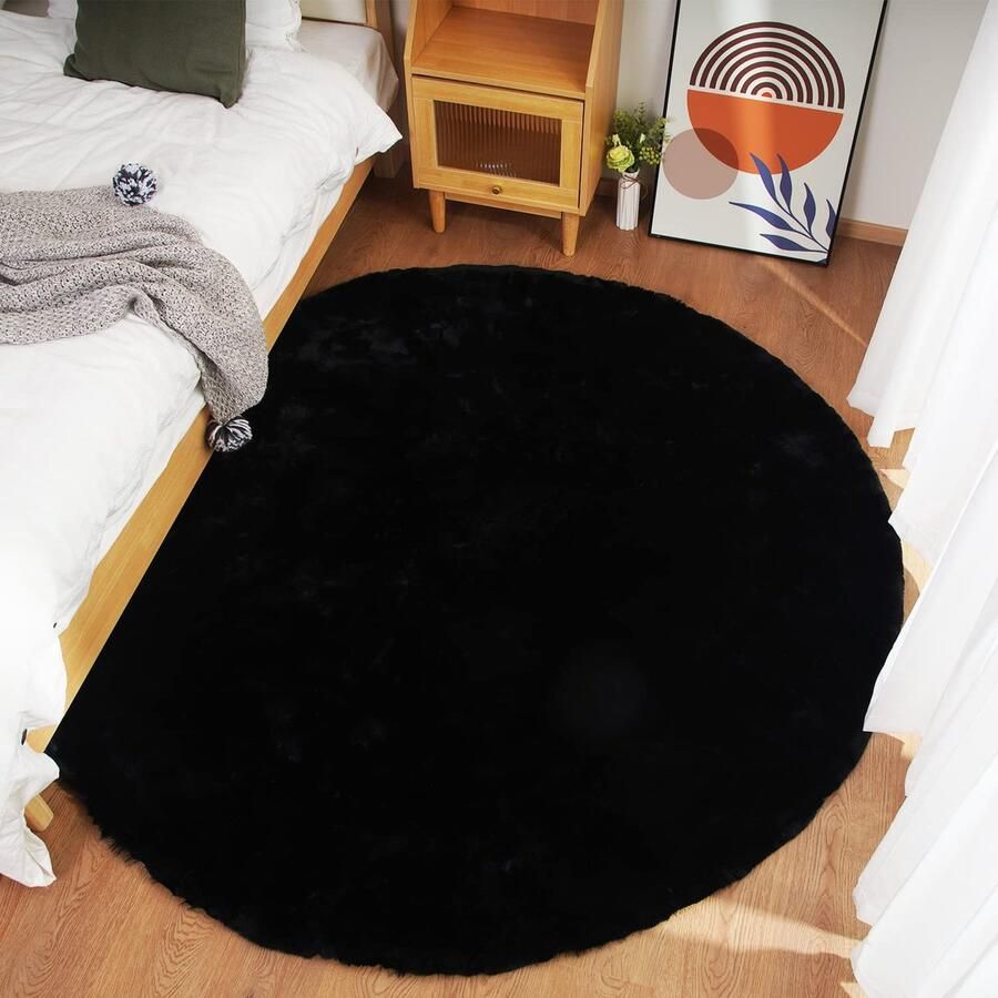 Rond shaggy pluche tapijt Antislip Wasbaar 1 stuk Zwart 180x180cm