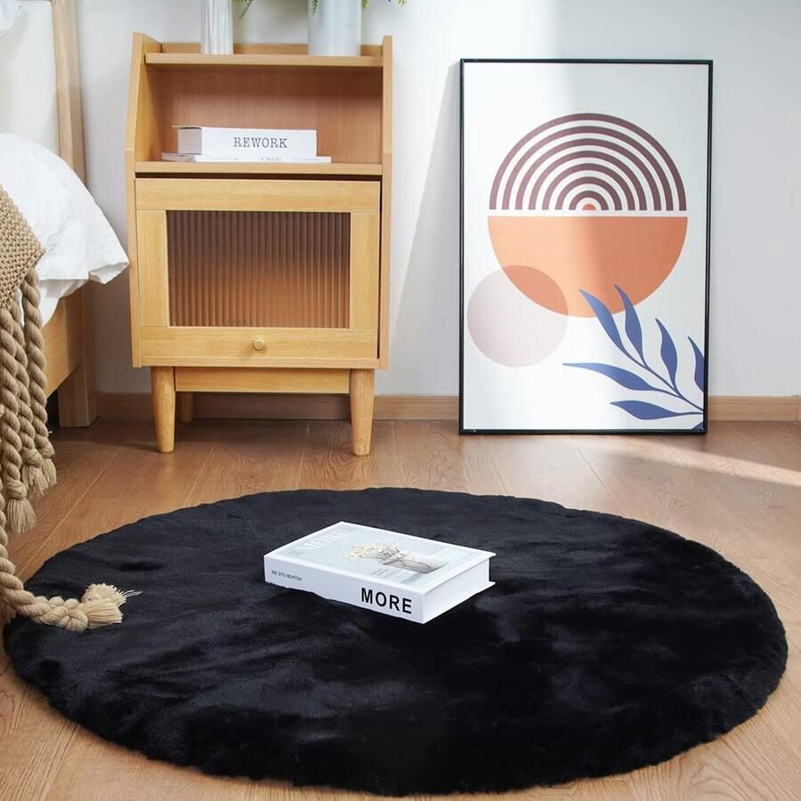 Rond shaggy pluche tapijt Antislip Wasbaar 90x90cm Zwart