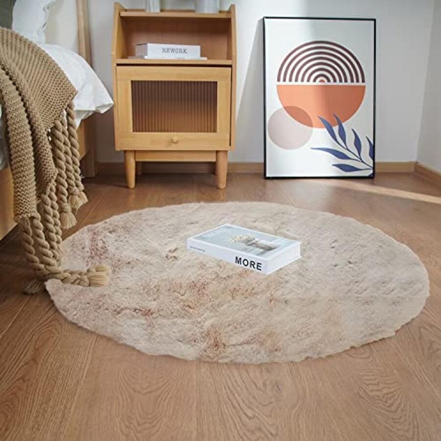 Rond Shaggy Pluche Tapijt Wasbaar Antislip Vloerkleed voor Woonkamer en Slaapkamer 120x120cm Beige