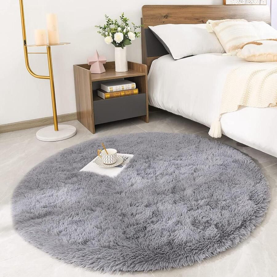 Rond shaggy vloerkleed voor woonkamer groot pluizig tapijt moderne stijl bank mat grijs Ø 120