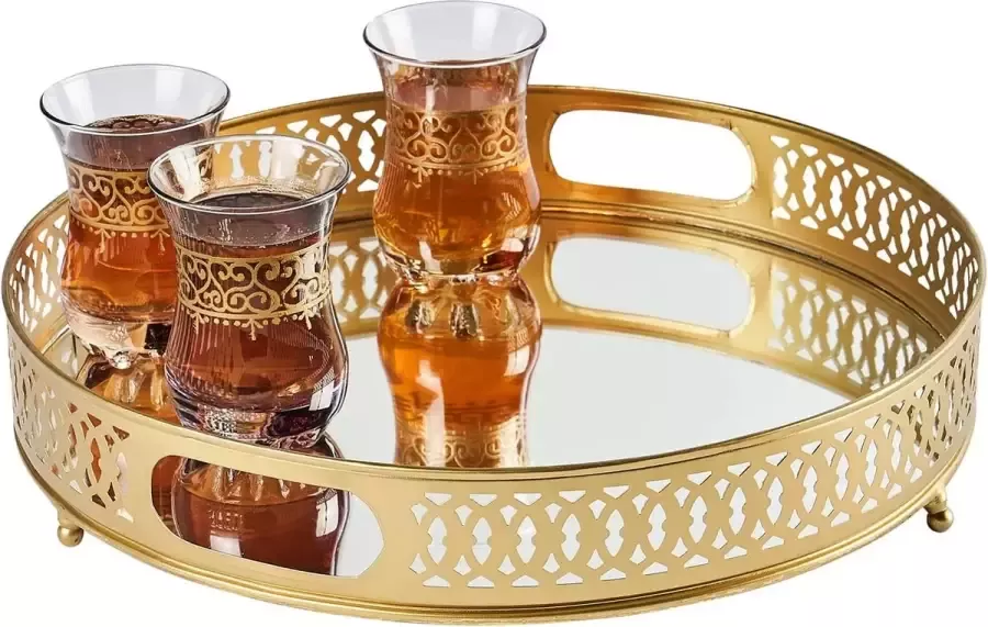 Rond spiegeldienblad Nikita 30 cm groot goud kaarsendienblad rond van metaal met hoge rand vintage dienblad keuken Oosterse gouden decoratie op de gedekte tafel