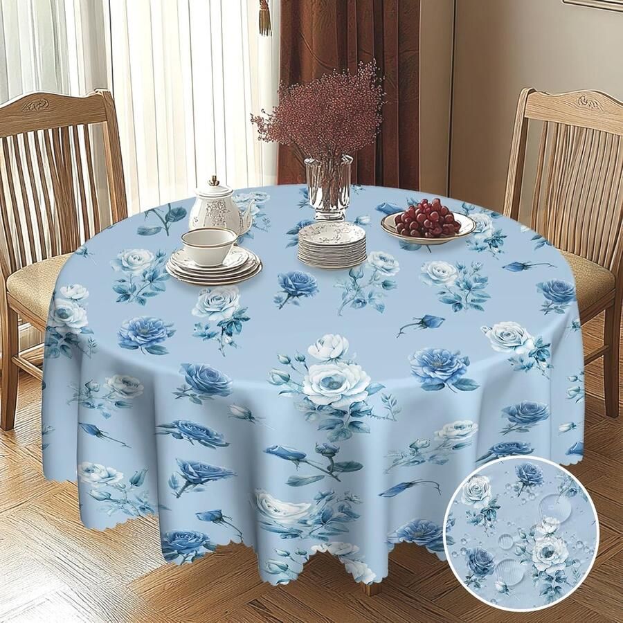 Rond tafelkleed met bloemenpatroon geschikt voor buiten 150 cm blauw polyester