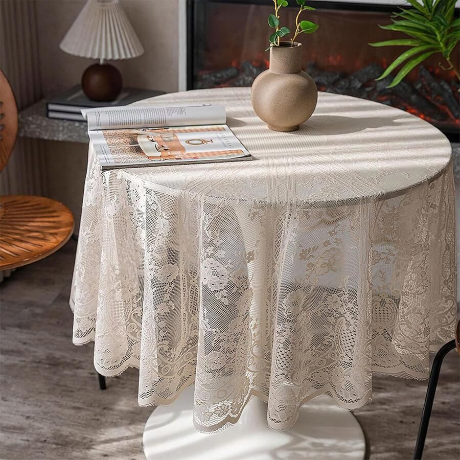 Rond tafelkleed met vintage bloemen romantisch en chique 152 cm beige