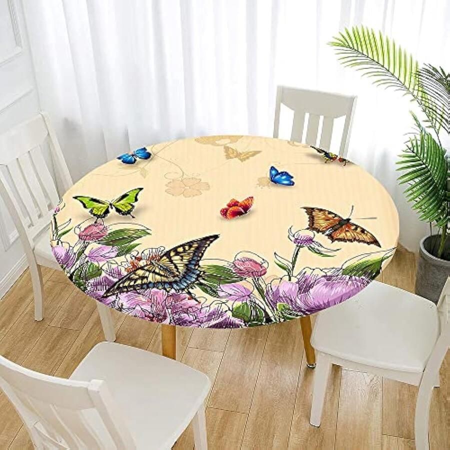 Rond tafelkleed met vlinderprint vlekbestendig en afveegbaar 1 stuk beige diameter 70cm