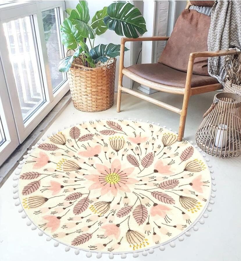 Rond Tapijt 3' Cirkel Wasbaar en Antislip voor Slaapkamer en Badkamer met Pom Poms en Bloemen