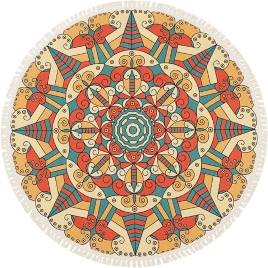 Rond Tapijt 90 cm met Luxe Bloemenpatroon Machine Wasbaar en Antislip Boho Vloermat voor Slaapkamer en Woonkamer