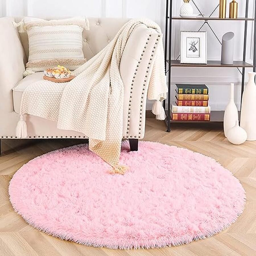 Rond tapijt langpolig modern tapijt voor woonkamer slaapkamer eetkamer of kinderkamer zacht en pluizig tapijt voor slaapkamer (roze Ø 100 cm rond)