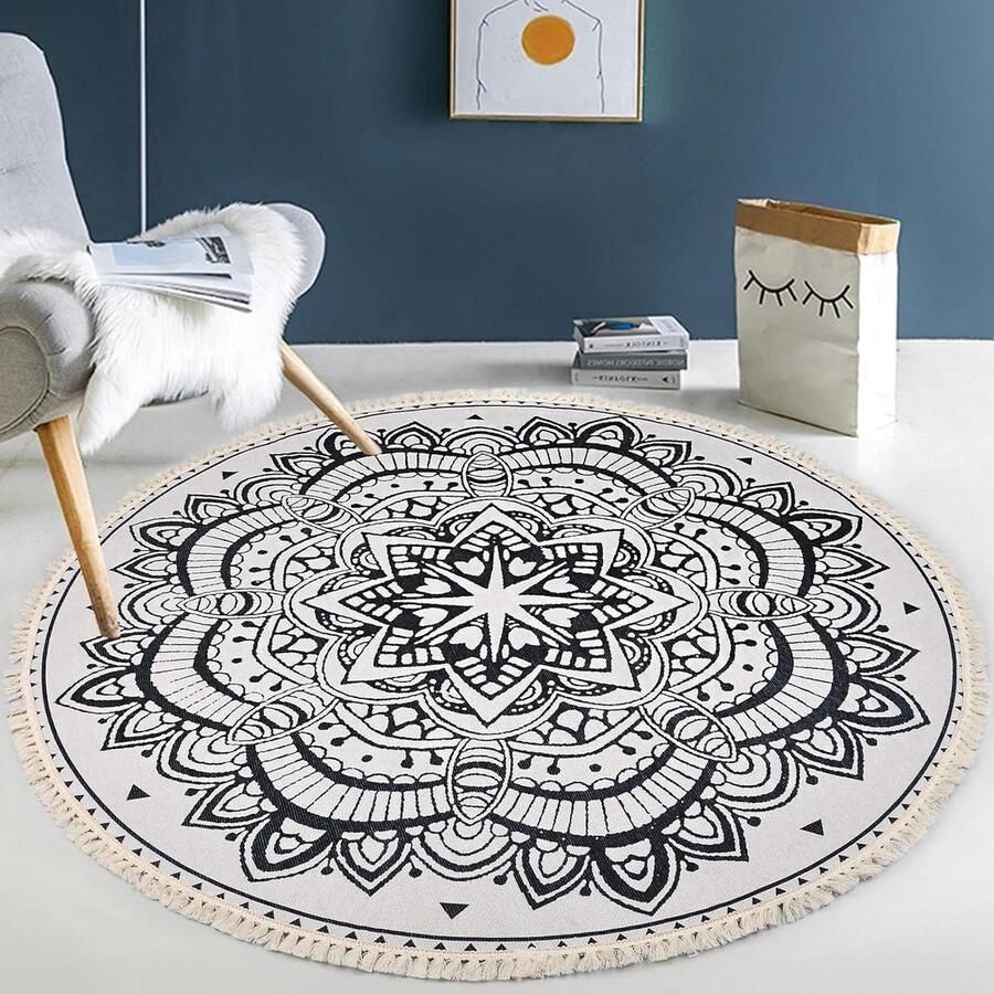 Rond tapijt met kwastjes geweven patroon basttapijt sisal tapijt antislip afwasbaar katoenen tapijt woonkamer slaapkamer kinderkamer balkon 110 cm