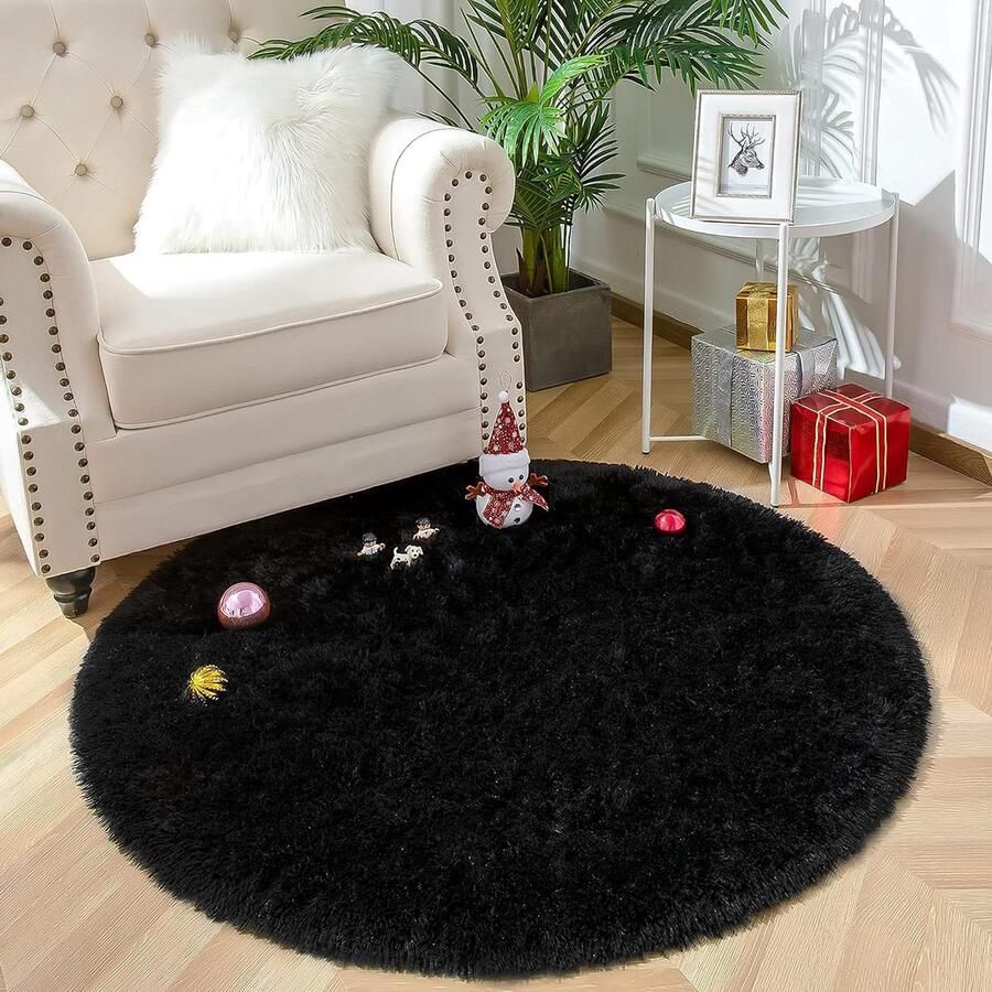 Rond Pluche Tapijt Modern Binnentapijt 1 stuk Zwart Kunstwol 150 x 150 cm