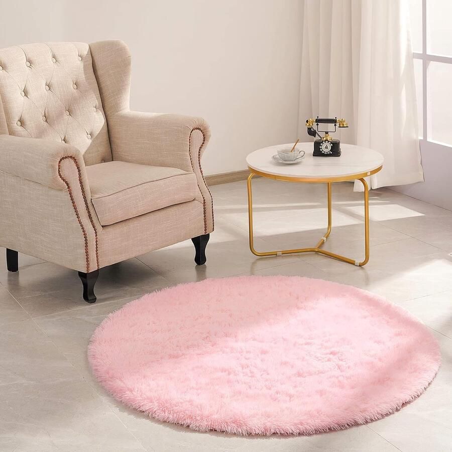 Rond tapijt pluche vloerkleed modern 1 stuk roze kunstwol 150 x 150 cm