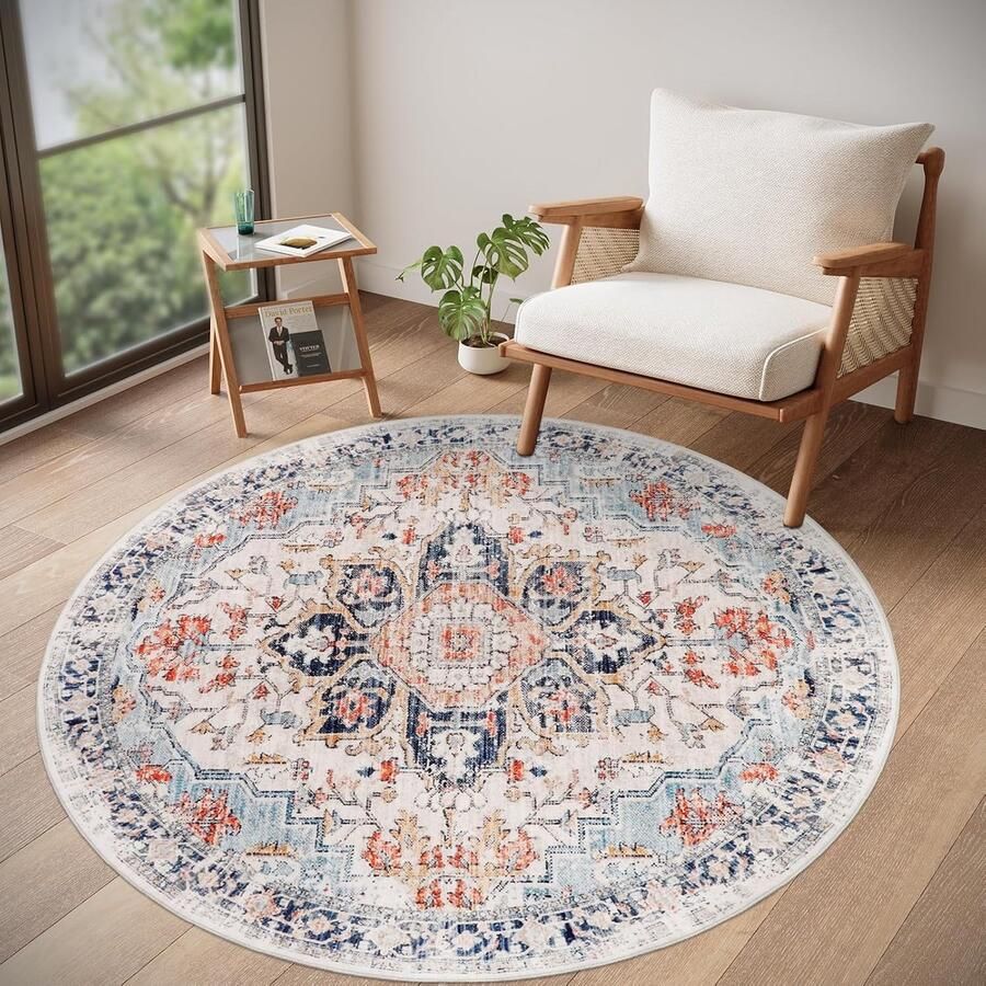 Rond Tapijt Slaapkamer 120cm Vintage Blauw Tapijt Wasbaar Antislip Vloerkleed Rond voor Woonkamer Kinderkamer Eetkamer Kantoor