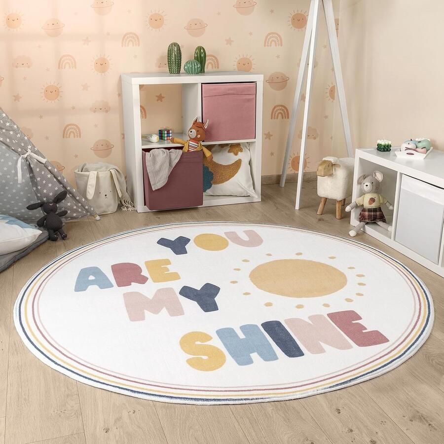 Rond Tapijt voor Kinderen Wasbaar Vloerkleed met Regenboogdesign Ø 100 cm Kleurrijk en Modern