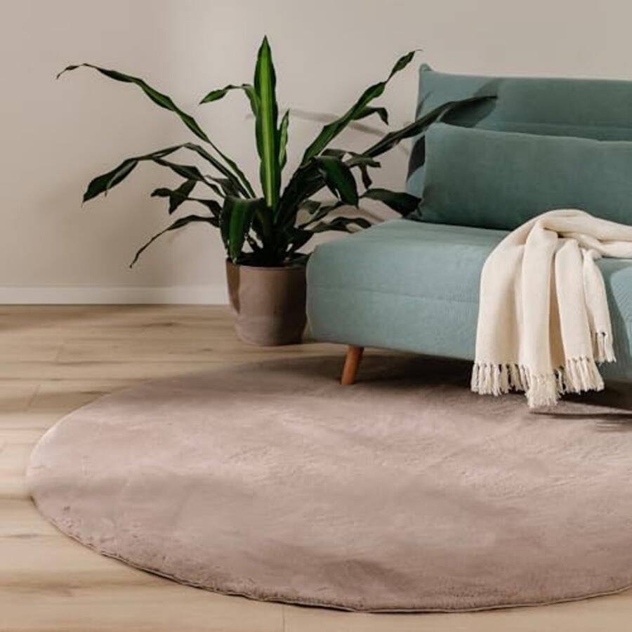 Rond Taupe Vachtvloerkleed 120 cm Zacht Synthetisch Vloerkleed Antislip en Wasbaar Geschikt voor Vloerverwarming