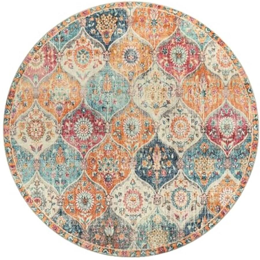 Rond Vintage Boho Tapijt Wasbaar Laagpolig en Antislip Mandala Design voor Eetkamer Slaapkamer Binnen en Buiten (Oranje Diameter 160 cm)