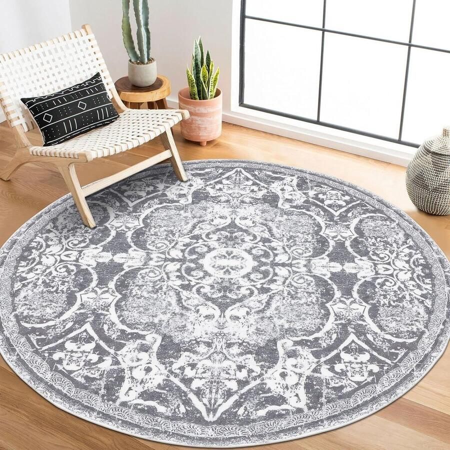 Rond vintage bloemenpatroon vloerkleed machinewasbaar boho tapijt antislip zacht slaapkamer decoratie 120 cm vloerkleed