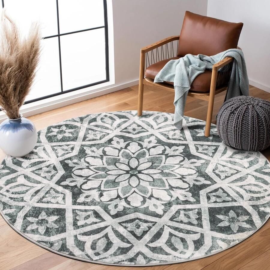 Rond vloerkleed 120 cm antislip bloemenprint donkergrijs