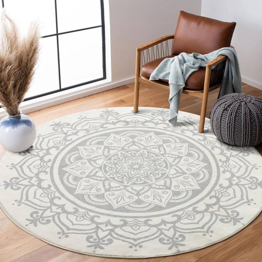 Rond vloerkleed 120 cm zacht en pluizig vloerkleed cirkel antislip wasbaar Boheems Mandala vloerkleed woonkamer slaapkamer (Grijze Mandala)