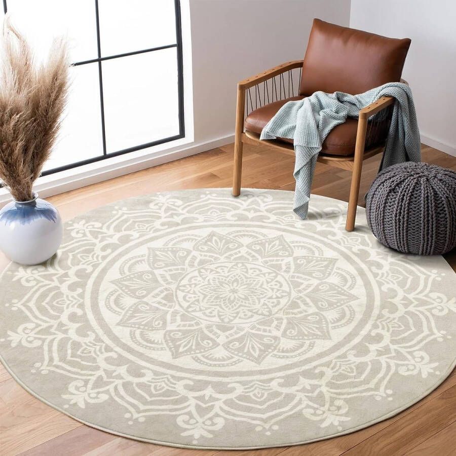 Rond vloerkleed 120 cm zacht pluizig cirkeltapijt antislip wasbare Boheemse mandala-vloer ronde tapijten voor woonkamer slaapkamer (grijs)