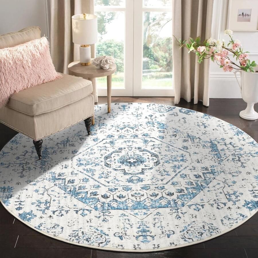 Rond Vloerkleed 150 cm Zacht Wollig en Wasbaar Bloemenprint Antislip Perfect voor Woonkamer en Slaapkamer (Blauw)
