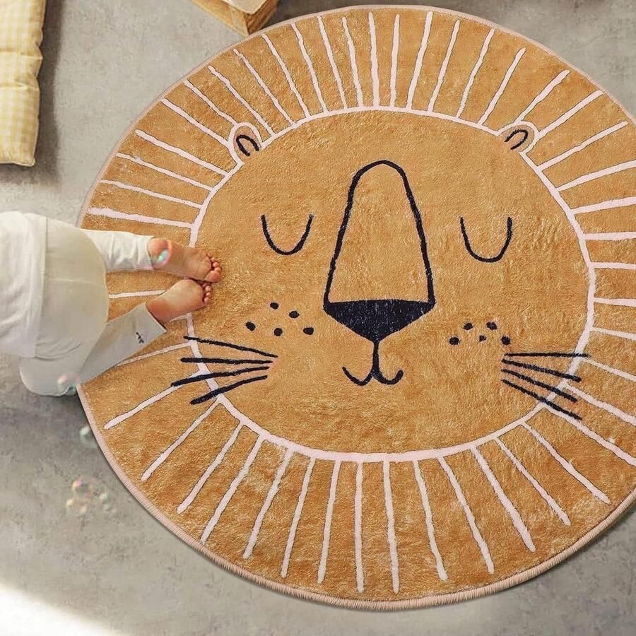 Rond vloerkleed 160 cm bruin geel leeuwenhoofdpatroon zacht kasjmier imitatie kinderkamer antislip wasbaar onderhoudsvriendelijk