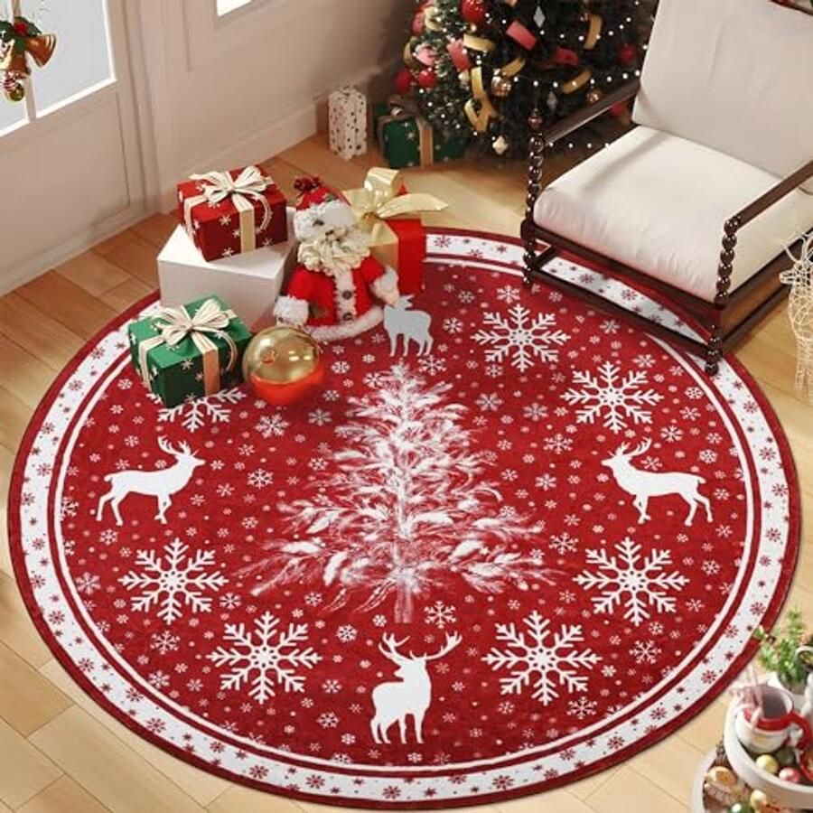 Rond Vloerkleed 160 cm Kersttapijt Rood Zacht en Wasbaar voor Woonkamer en Kinderkamer