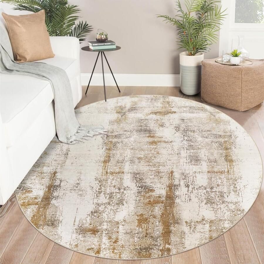 Rond Vloerkleed 160 cm voor Woonkamer Slaapkamer en Eetkamer Laagpolig Beige Bruin Modern en Wasbaar