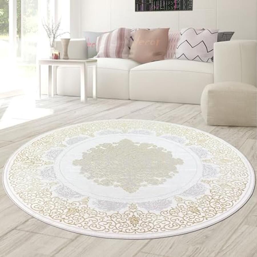Rond Vloerkleed 200 cm Laagpolig Oriëntaals Elegant Crème met Gouden Patronen