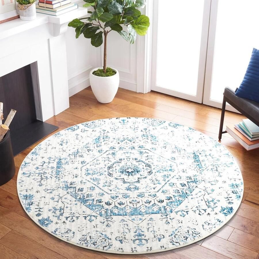 Rond Vloerkleed 90 cm Zacht en Wollig Tapijt voor Woonkamer en Slaapkamer Antislip en Wasbaar met Bloemenprint