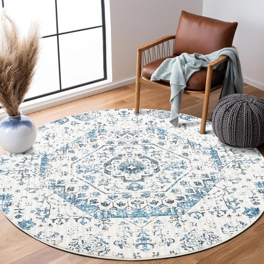 Rond vloerkleed zacht antislip bloemenprint 120 cm blauw
