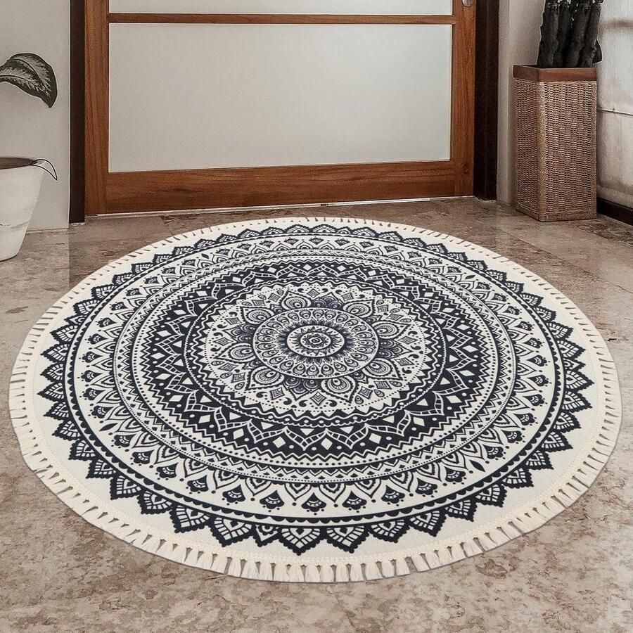 Rond vloerkleed Bloemenmotief Machinewasbaar Boheemse stijl Antislip rond vloerkleed Katoen en linnen Home Casual vloerkleed met kwastjesprint Slaapkamer vloerkleed Geschikt voor slaapkamer woonkamer keuken huis 100 cm