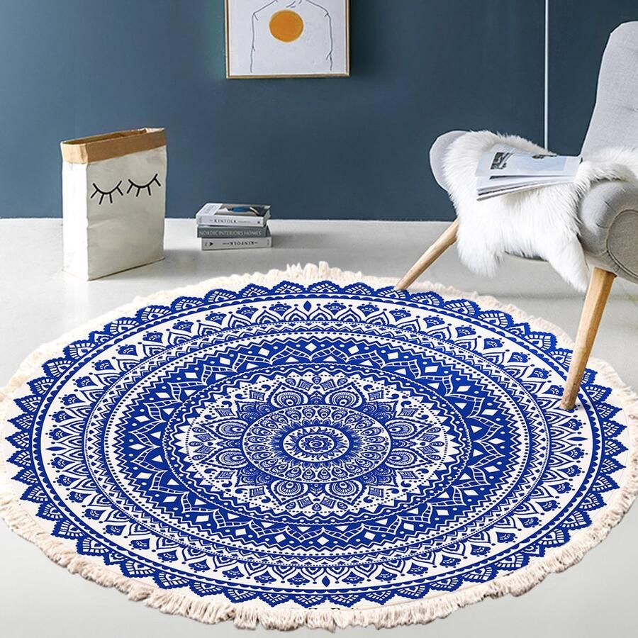 Rond vloerkleed Bloemenmotief Machinewasbaar Boheemse stijl Antislip rond vloerkleed Katoen en linnen Home Casual vloerkleed met kwastjesprint Slaapkamerdeken Geschikt voor slaapkamer woonkamer keuken huis 60 cm