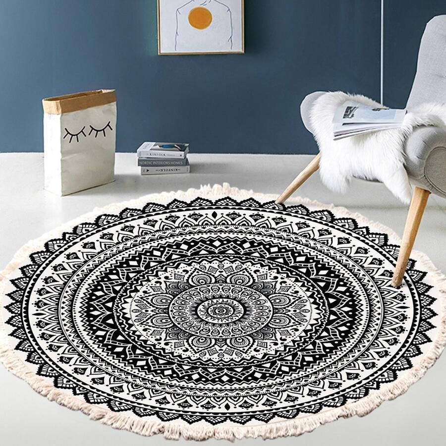Rond vloerkleed Bloemenmotief Machinewasbaar Boheemse stijl Antislip rond vloerkleed Katoen en linnen Home Casual vloerkleed met kwastjesprint Slaapkamerdeken Geschikt voor slaapkamer woonkamer keuken huis 80 cm
