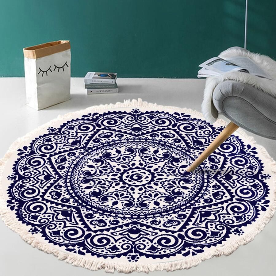 Rond vloerkleed Bloemenmotief Machinewasbaar Boheemse stijl Antislip rond vloerkleed Katoen en linnen Home Casual vloerkleed met kwastjesprint Slaapkamerdeken Geschikt voor slaapkamer woonkamer keuken huis 80 cm