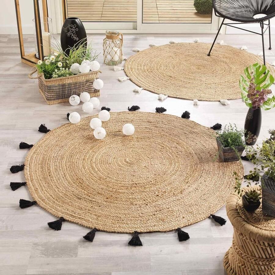 Rond vloerkleed (diameter 120 cm) Shira Wit Jute afwerking Pompons Douceur d'intérieur zacht huiselijke stijl vloerkleed