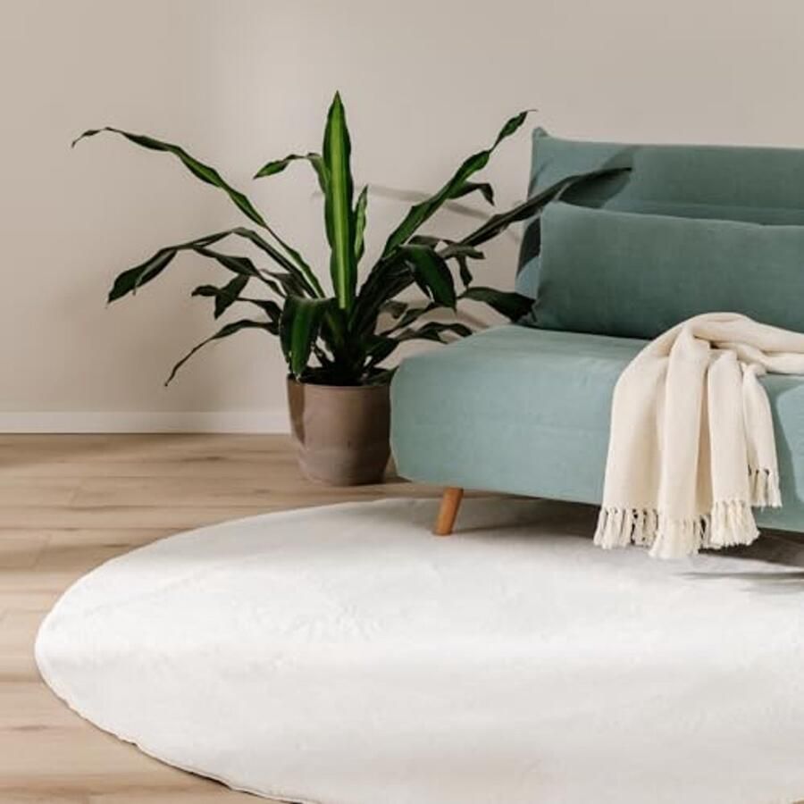 Rond Vloerkleed Furrige Kunstvezel Cream 120 cm Antislip Wasbaar Geschikt voor Vloerverwarming