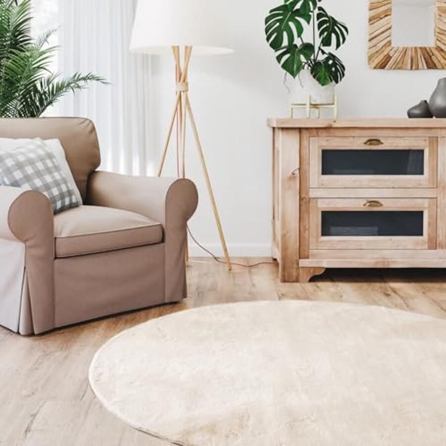 Rond Vloerkleed Hoogpolig 120x120 cm Beige Zacht en Wasbaar Tapijt met Antislip