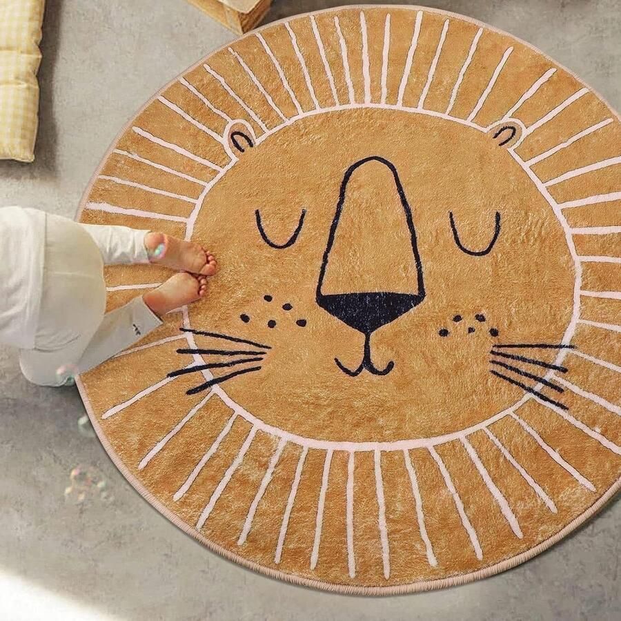 Modern rond vloerkleed voor kinderkamer super zacht 1 stuk bruin-geel diameter 60 cm