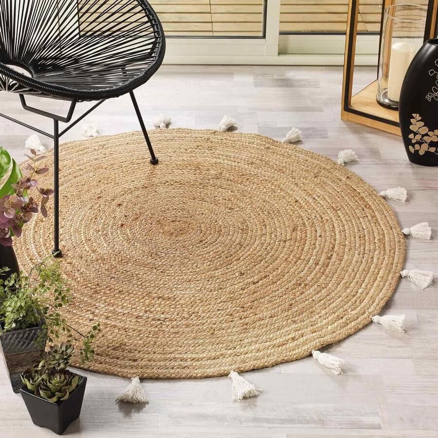 Rond vloerkleed Shira diameter 120 cm Wit Jute afwerking Pompons