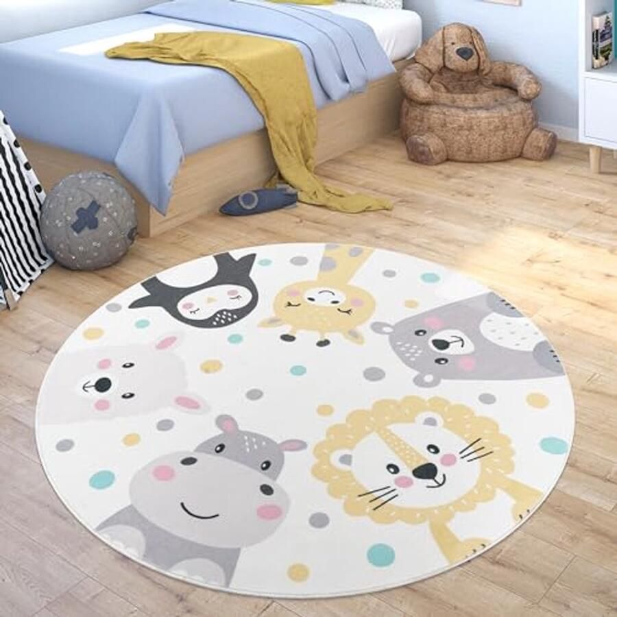 Rond Vloerkleed voor Kinderen Wasbaar Dierenontwerp Ø 120cm Beige