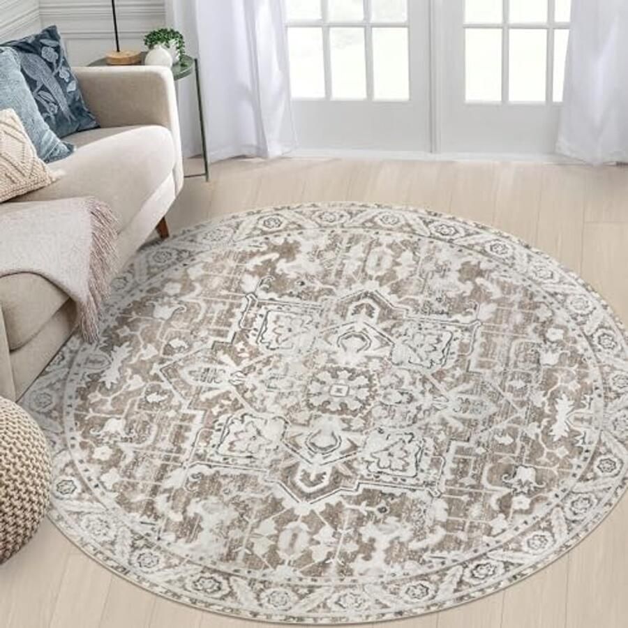 Rond Vloerkleed voor Woonkamer Wasbaar Tapijt 160 cm Laagpolig Beige Bruin Vintage Antislip Decoratie