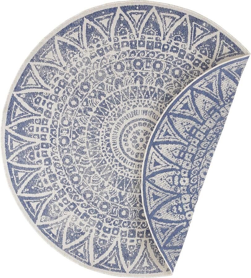 Rond Vloerkleed Weerbestendig Modern Design Blauw-Crème Ø 140 cm