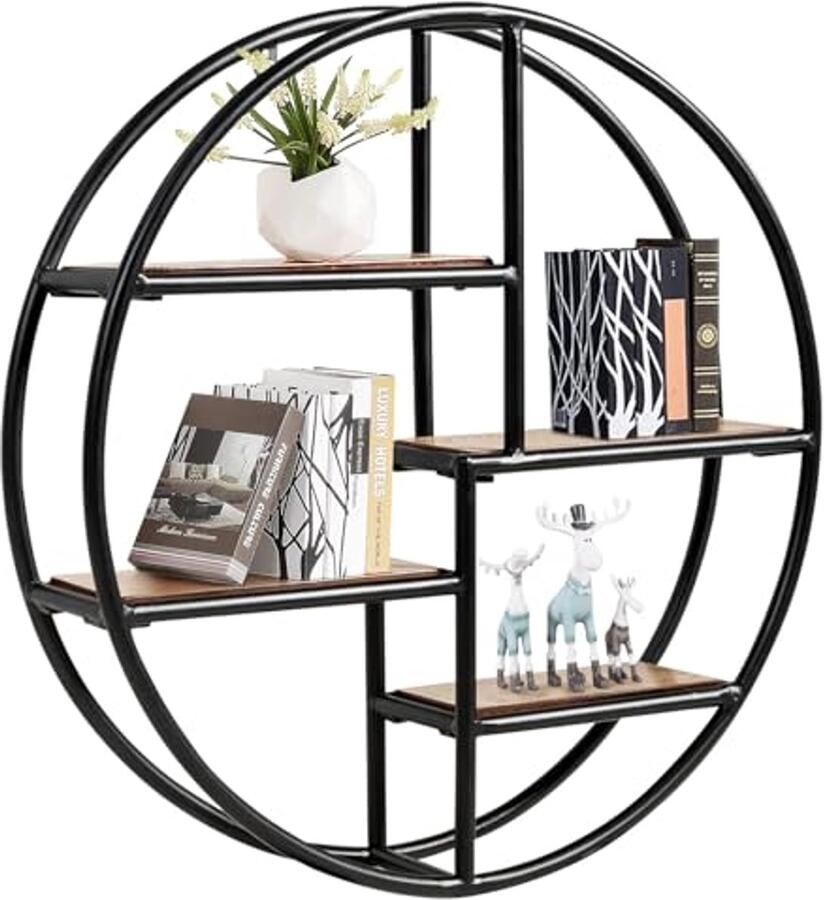 Rond Wandrek met 4 Planken Industrieel Stijl Metaal en Hout Wanddecoratie voor Badkamer Woonkamer Slaapkamer en Kantoor