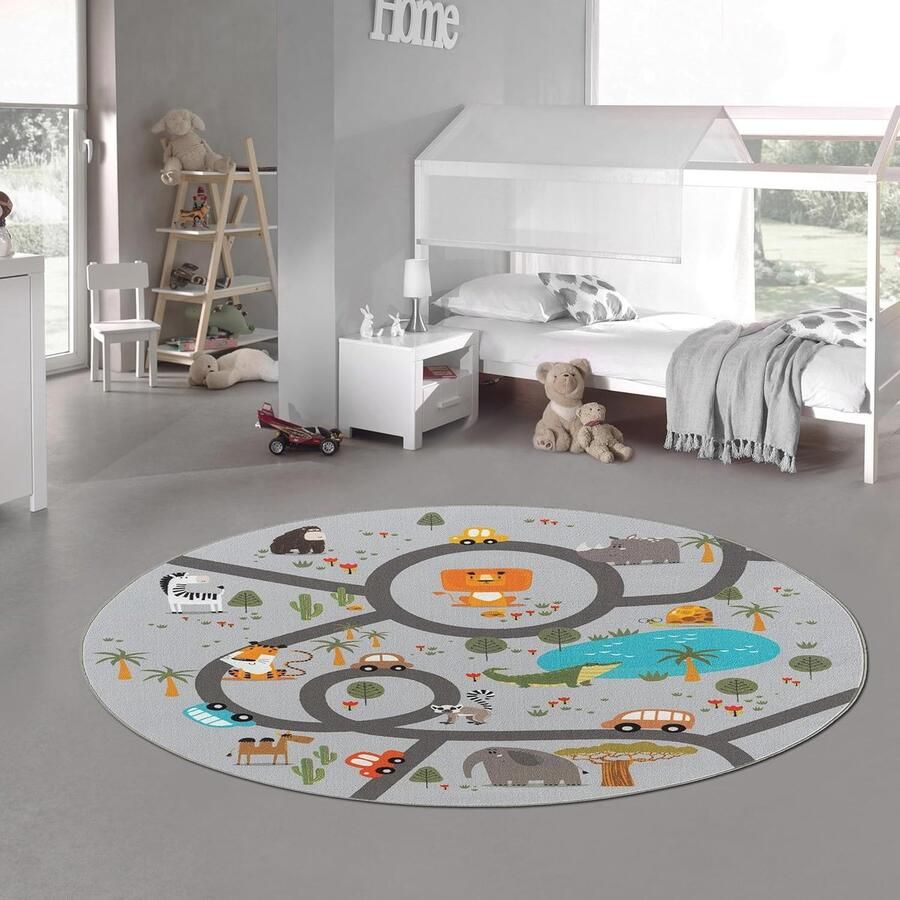Rond Wasbaar Kindertapijt voor de Kinderkamer Antislip Speeltapijt met Safari Dieren en Straten 160 cm