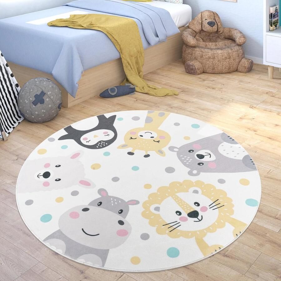 Rond Wasbaar Vloerkleed voor Kinderen Dierentuin Design Ø 120 cm Beige