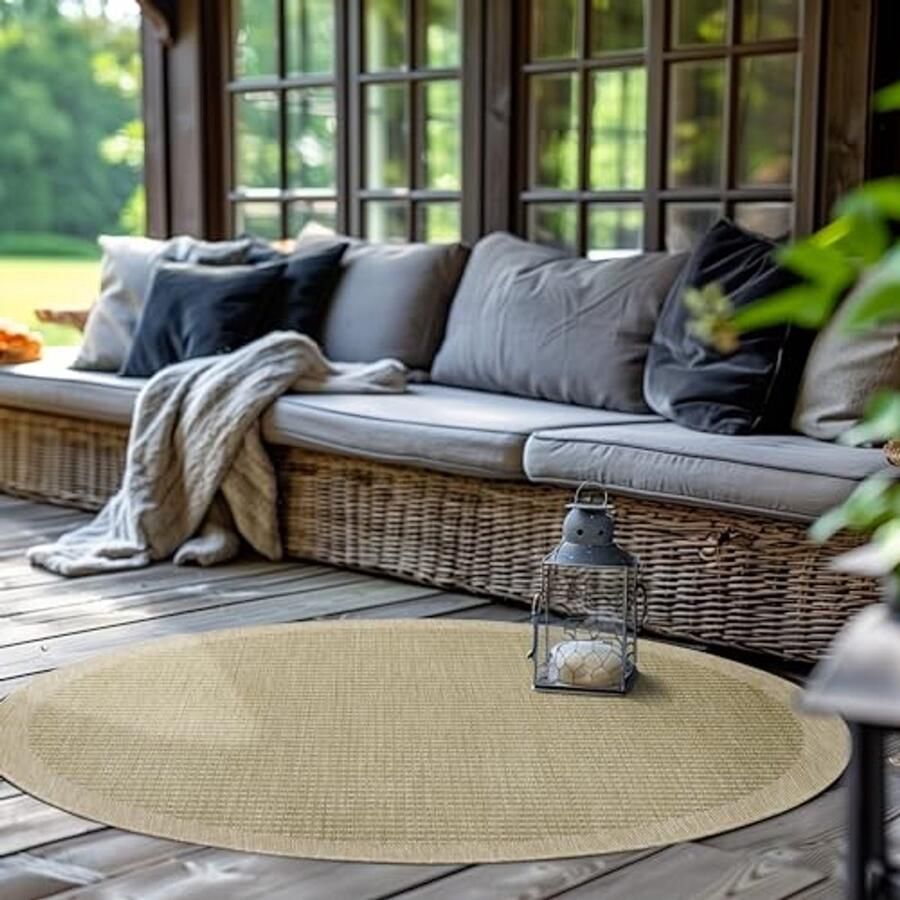 Ronde Buitenmat voor Terras Balkon en Tuin Weerbestendig Plat Geweven Tapijt