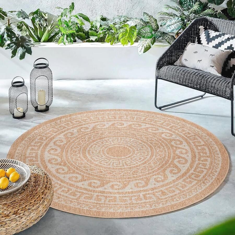 Rond weerbestendig tapijt van 80 cm beige sisal en jute look voor binnen en buiten