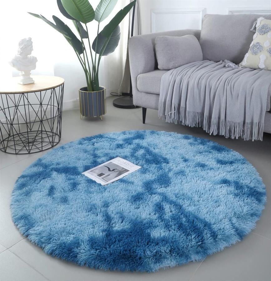 Zacht tapijt rond pluizig antislip tapijt moderne wooncultuur woonkamer slaapkamer kinderkamer (120 x 120 cm blauw) Tapijt