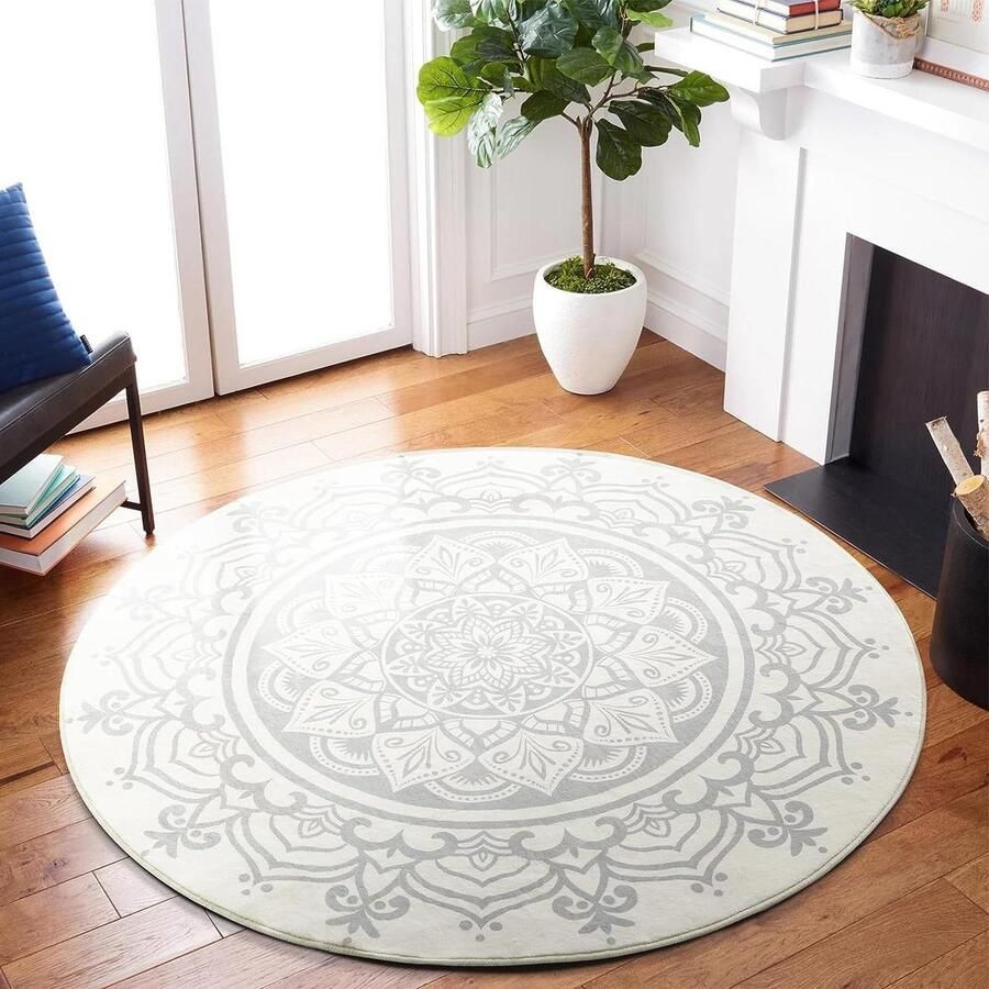 Rond zacht pluizig cirkeltapijt 90 cm antislip wasbaar Boheemse mandala grijs voor woonkamer slaapkamer